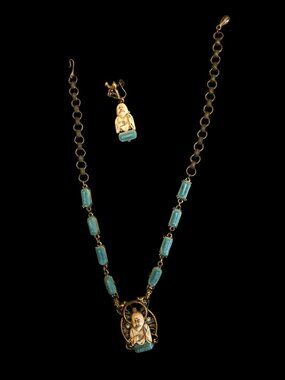 Vintage Selro Buddha Necklace  Earring Lucite Jade Faux Pearl  Rhinestone